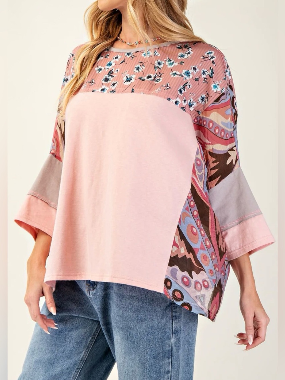Easel Oversized Pink Patchwork Short Sleeve Blouse - Size M